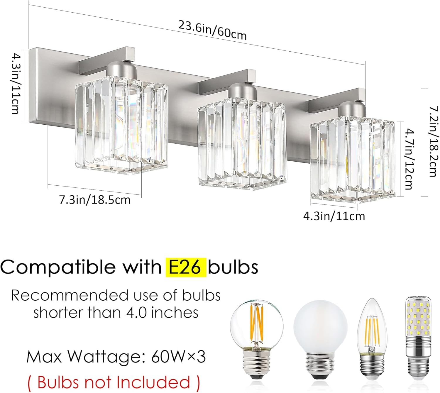 Aipsun Brushed Nickel Vanity Light Bathroom Lighting Fixtures 3 Light Crystal Modern Bathroom Vanity Light (Exclude Bulb)