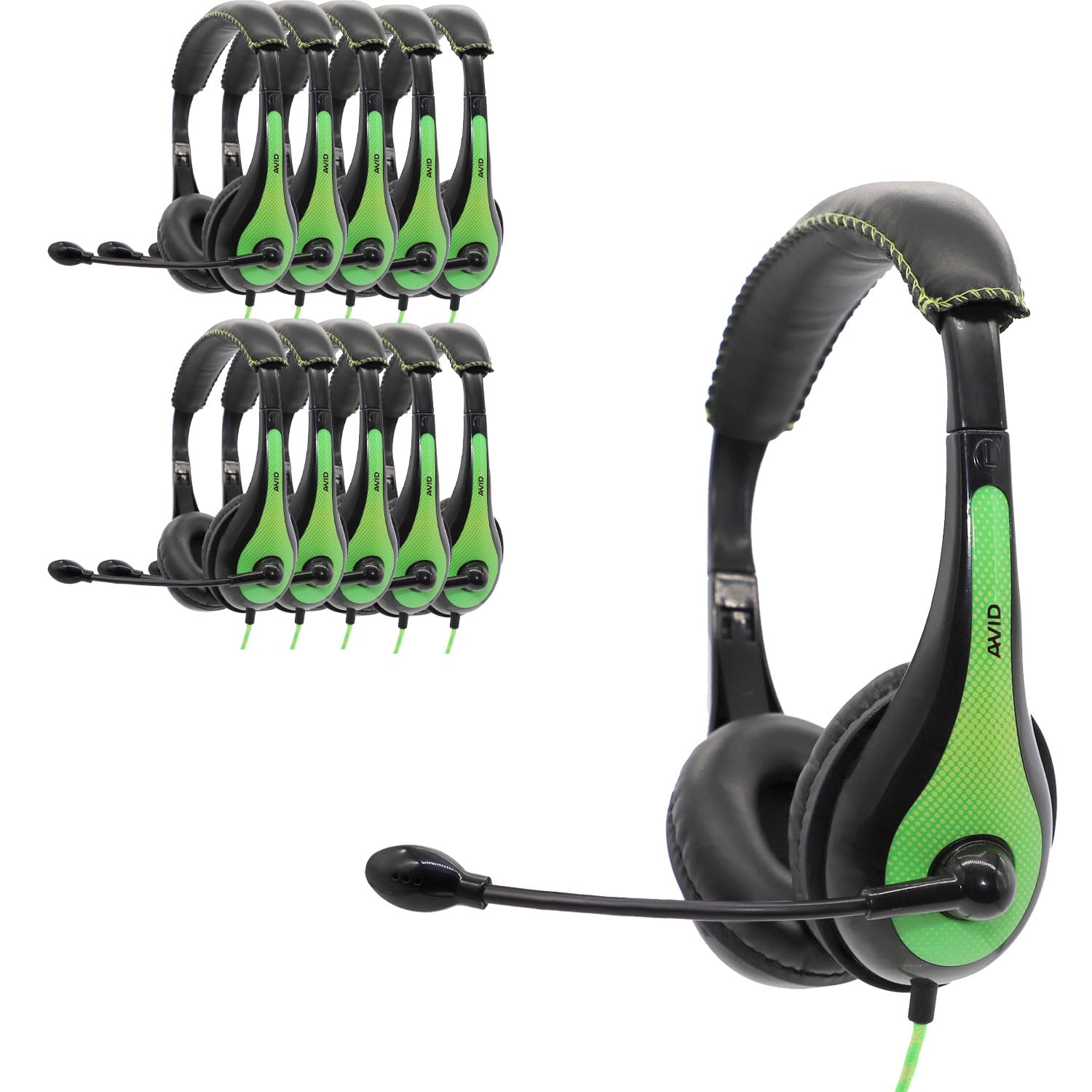 green headset with adjustable boom microphone for education