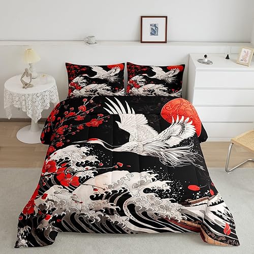 Juego de edredón de estilo japonés para niños, tamaño matrimonial, juego de ropa de cama retro con flores de cerezo japonés Ukiyo-e con olas del