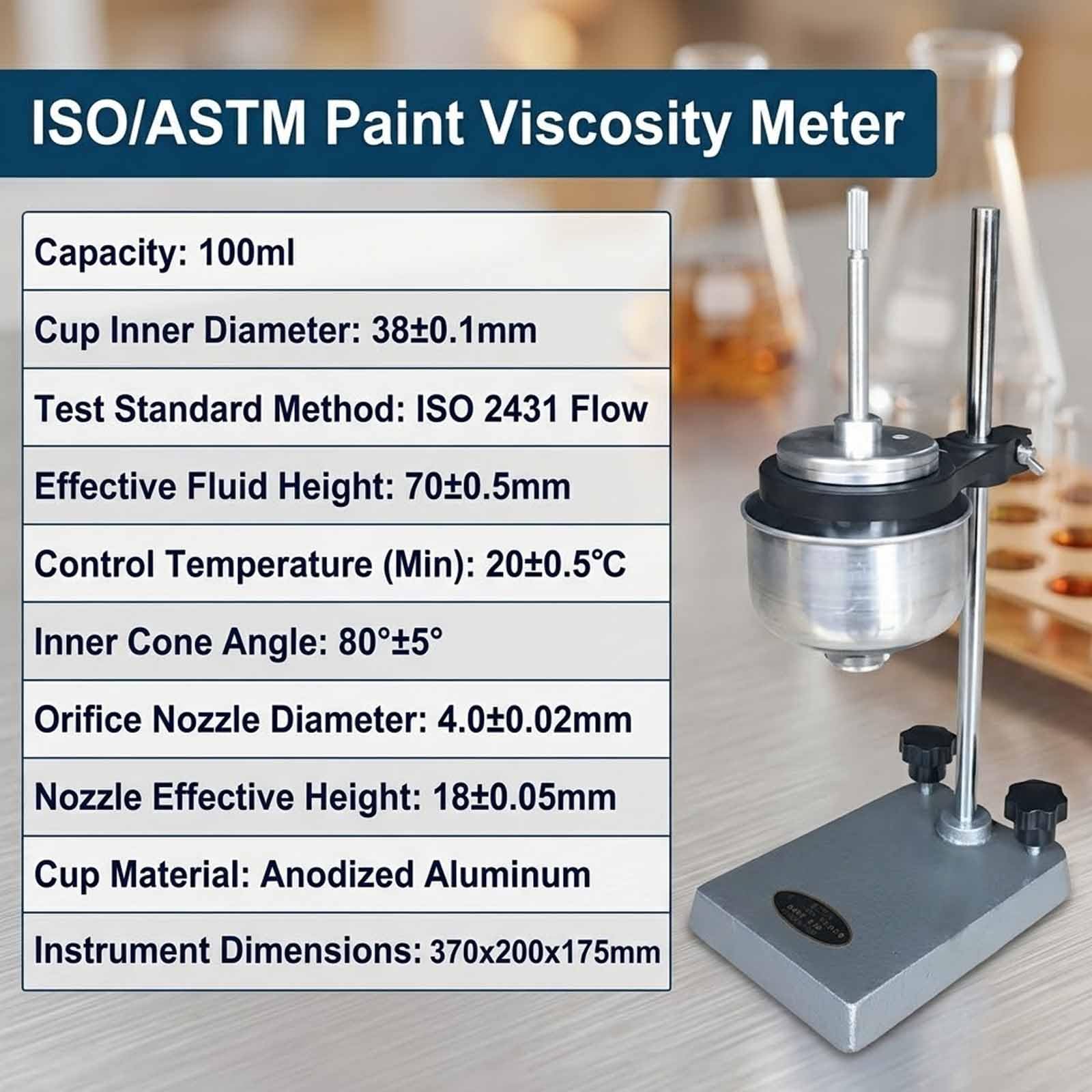 Viscosímetro para medición de viscosidad de precisión, soporte ajustable, ángulo de cono interior 101°±30°, diámetro de boquilla 5,6±0,02 mm, ideal para revestimientos, tintas y pinturas