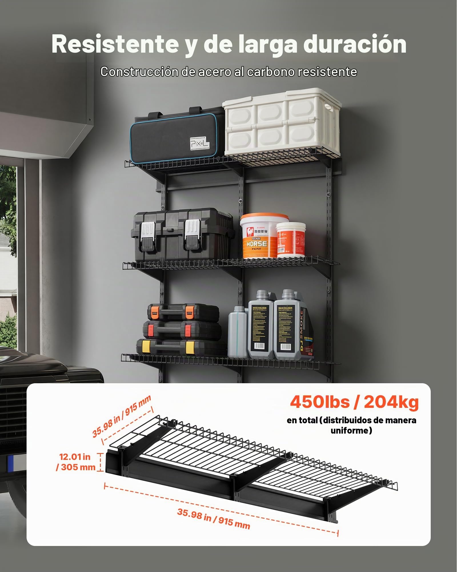 VEVOR Estantería de Pared de Acero Resistente 275 x 914 mm, Carga 68 kg por Estante, 204 kg en Total, Distancia Ajustable 40 cm, Juego de 3 Estanterías Flotantes para Lavandería Taller Cocina Garaje