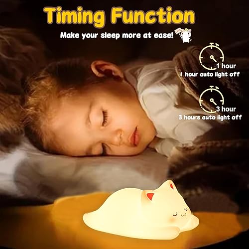 Miniatura 4 de Tremdwoto Luz nocturna de gato para niños, bonita luz nocturna colorida para bebé, lámpara de luces de noche blanda de 13 horas, temporizador de 13