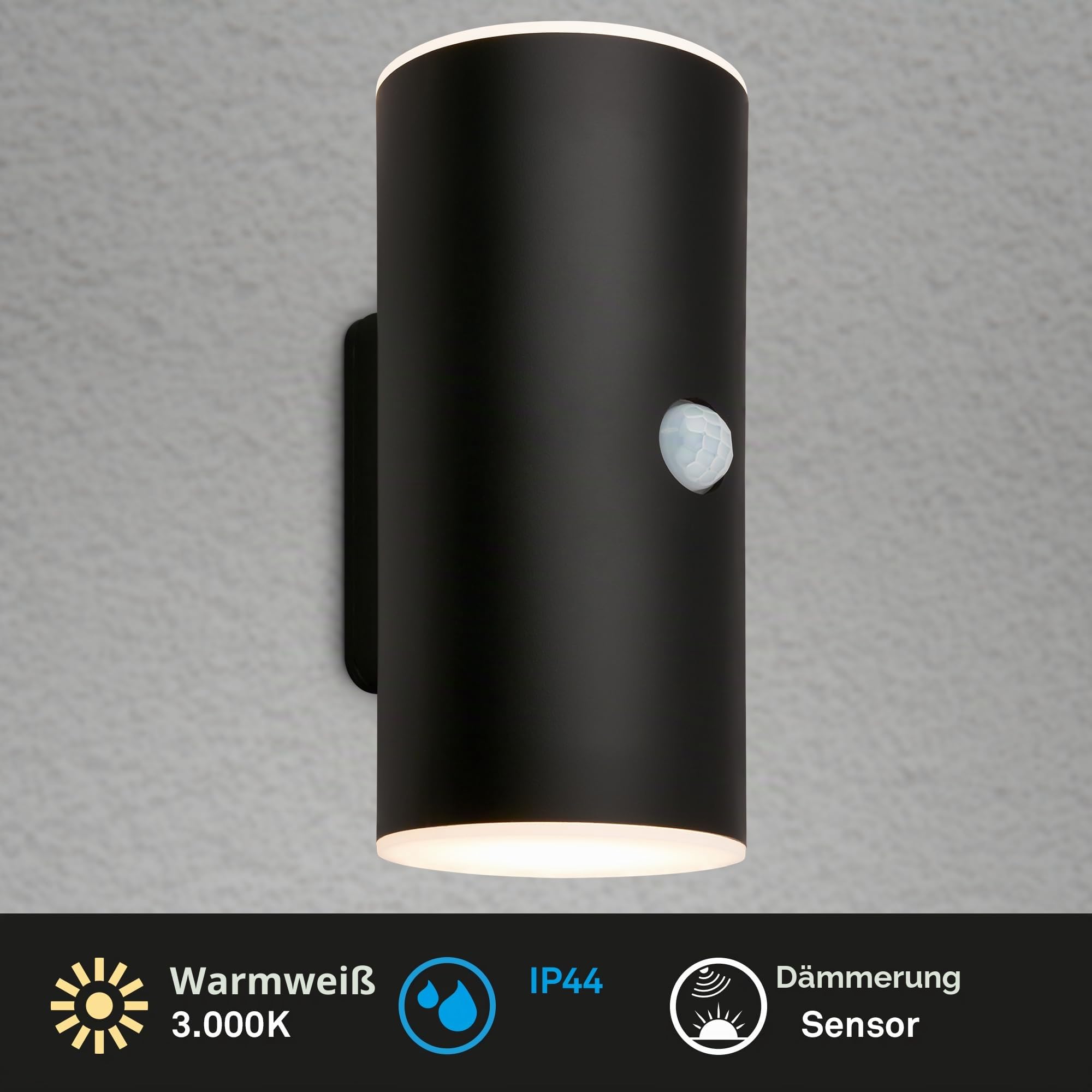 BRILONER - LED Wandlampe Akku mit Bewegungsmelder, Dämmerungssensor, 20 sek. Timer, Aussenlampe, Wandleuchte aussen, LED Strahler, Außenleuchte, Außenwandleuchte, 15,5x7x8,5 cm (HxBxT), Schwarz