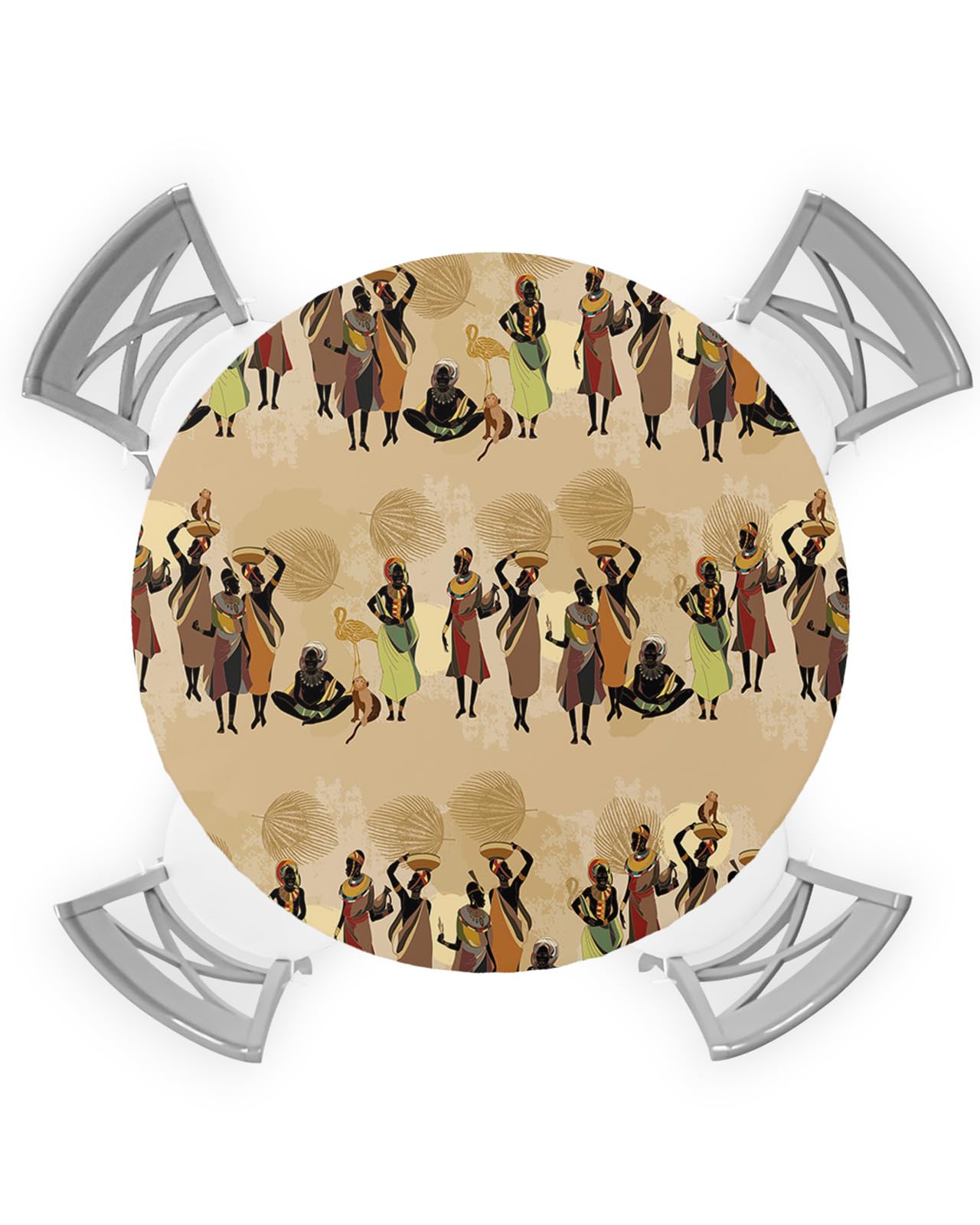 African Women Round Waterproof Table Cover Fitted Tablecloth,Wipeable Fabric Elastic Table Cloth Oil-Proof Tablecover for Indoor Outdoor Picnic,Vintage Brown Native American Ethnic Bohemian 36