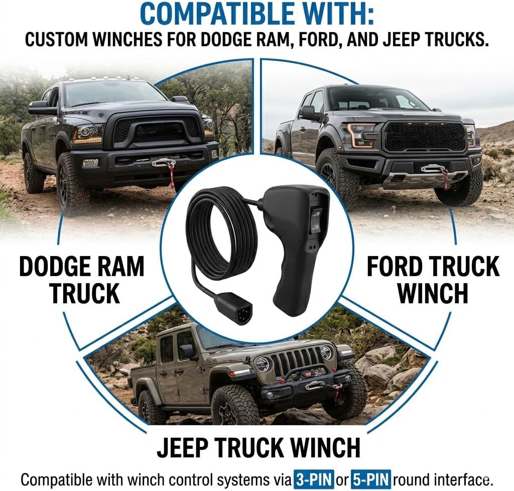 86335 Winch Remote Controller Compatible with Warn Winch M8000 M12000 VR12000 Zeon 10S - 83665 Replacement Handheld Controller with 12ft Power Cable and D-Shape 5-Pin Plug for Truck Winches