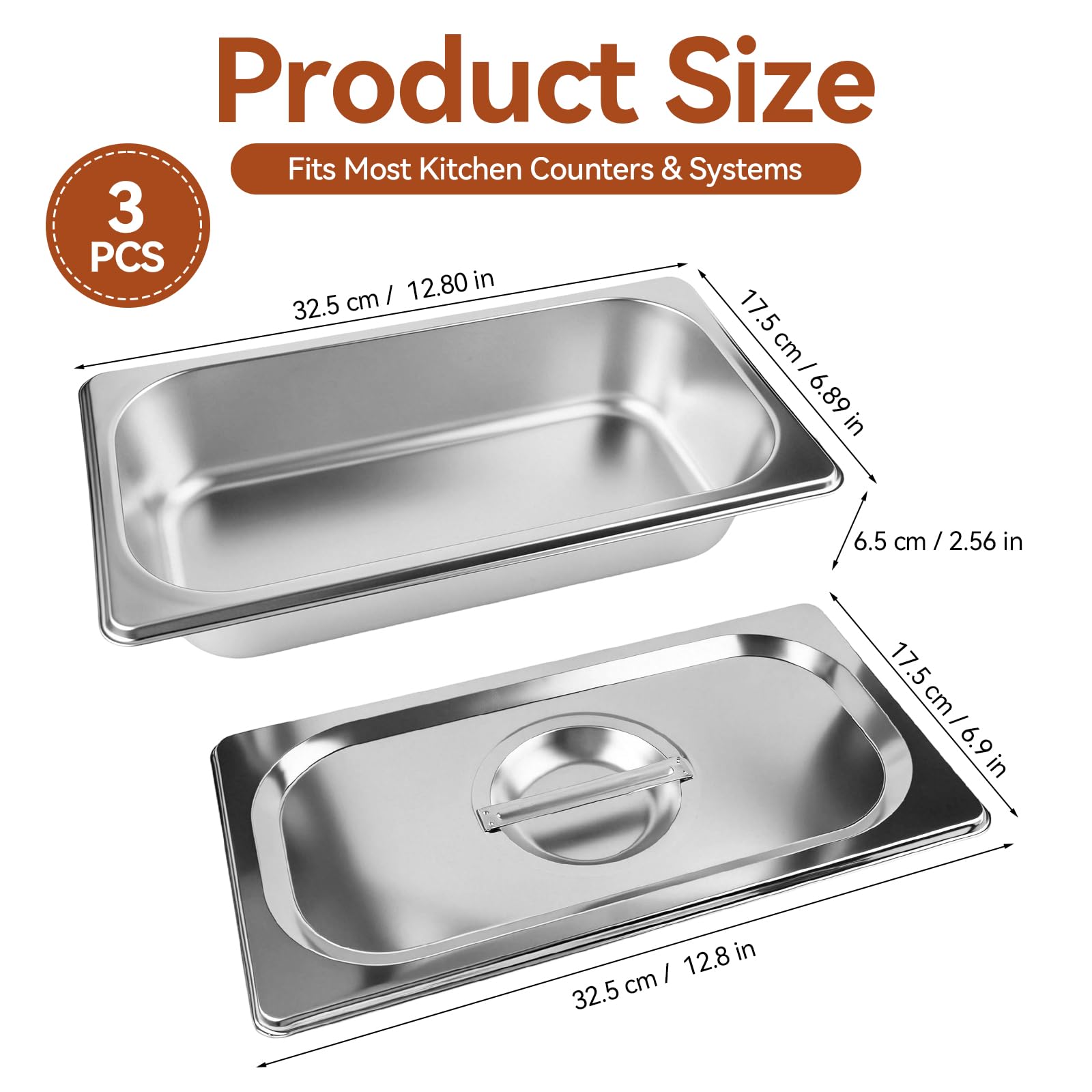 Juego de 3 Recipiente GN 1/3 de Acero Inoxidable, Esquinas Reforzadas, Contenedor apto, Bandeja Acero Empanar para Hornos, Congeladores, Baño María y Calientaplatos, 2,4 L, 32,5 × 17,5 × 6,5 cm