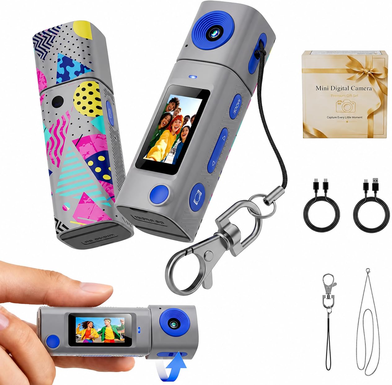 mini digital camera keychain | 2k video | 270° rotating lens | hd lcd, retro geometric