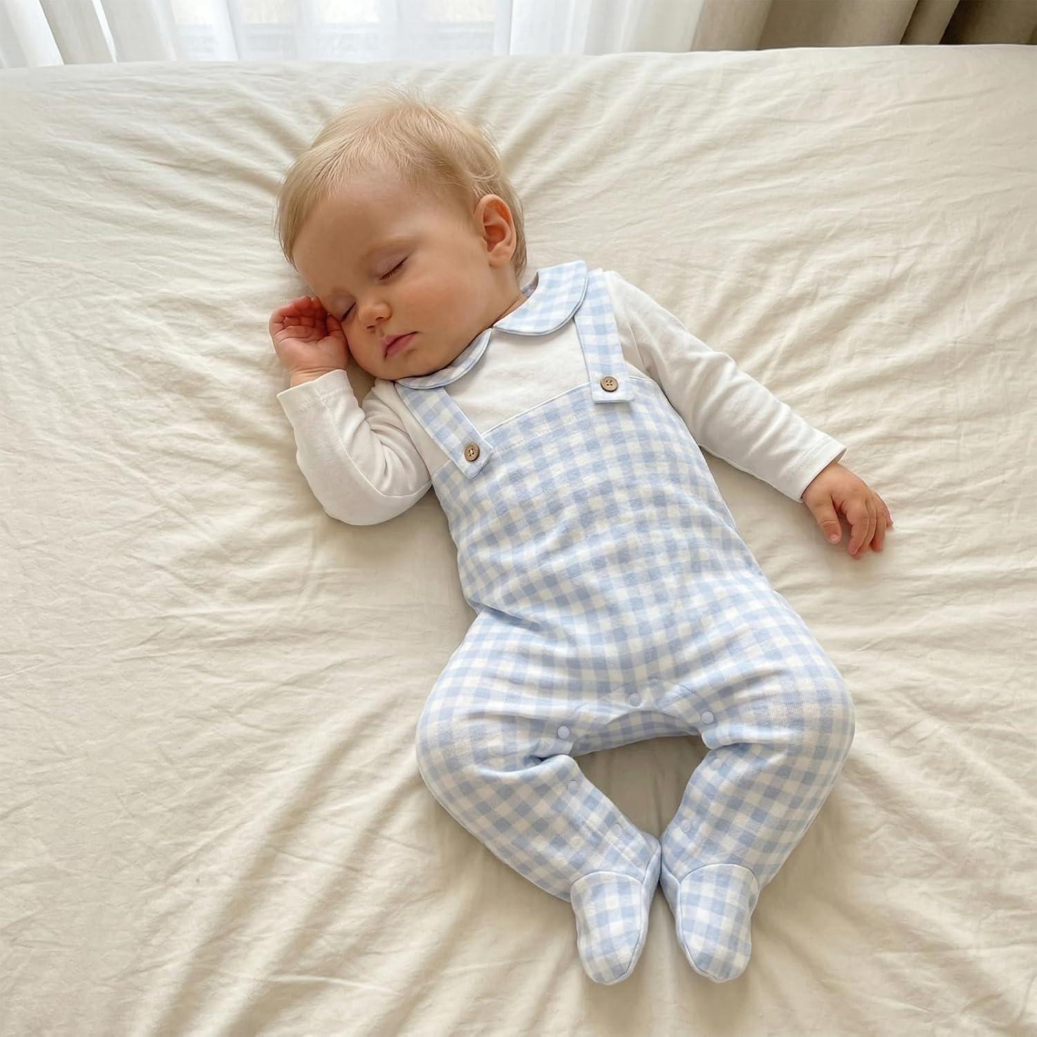 BULINGNA Newborn Baby Boy Girl Footed Romper Long Sleeve Fake Two-Piece Plaid Jumpsuit Unisex Baby Infant Footies