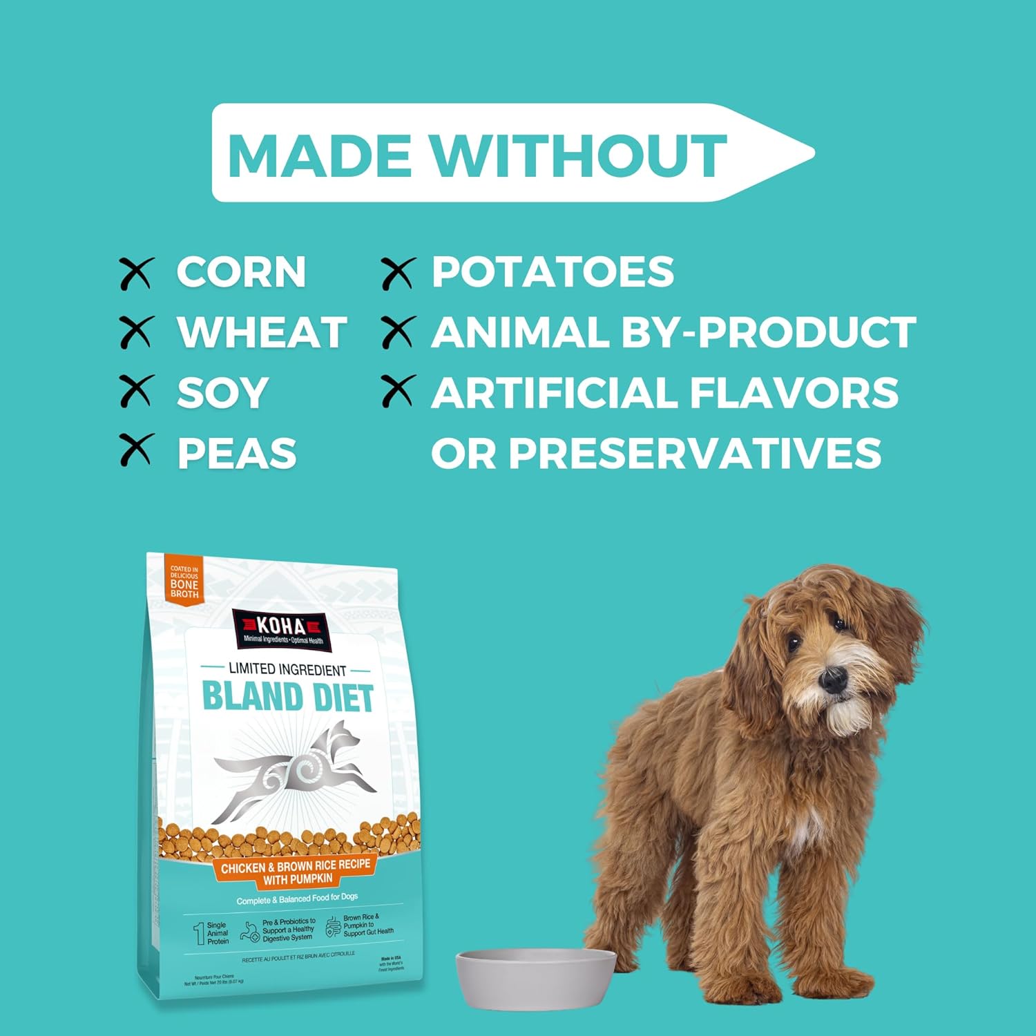 KOHA Limited Ingredient Bland Diet Dry Food for Dogs - Chicken & Brown Rice Recipe, Sensitive Stomach Dog Food - Pumpkin for Digestive Support, 3.5 lbs - Image 4