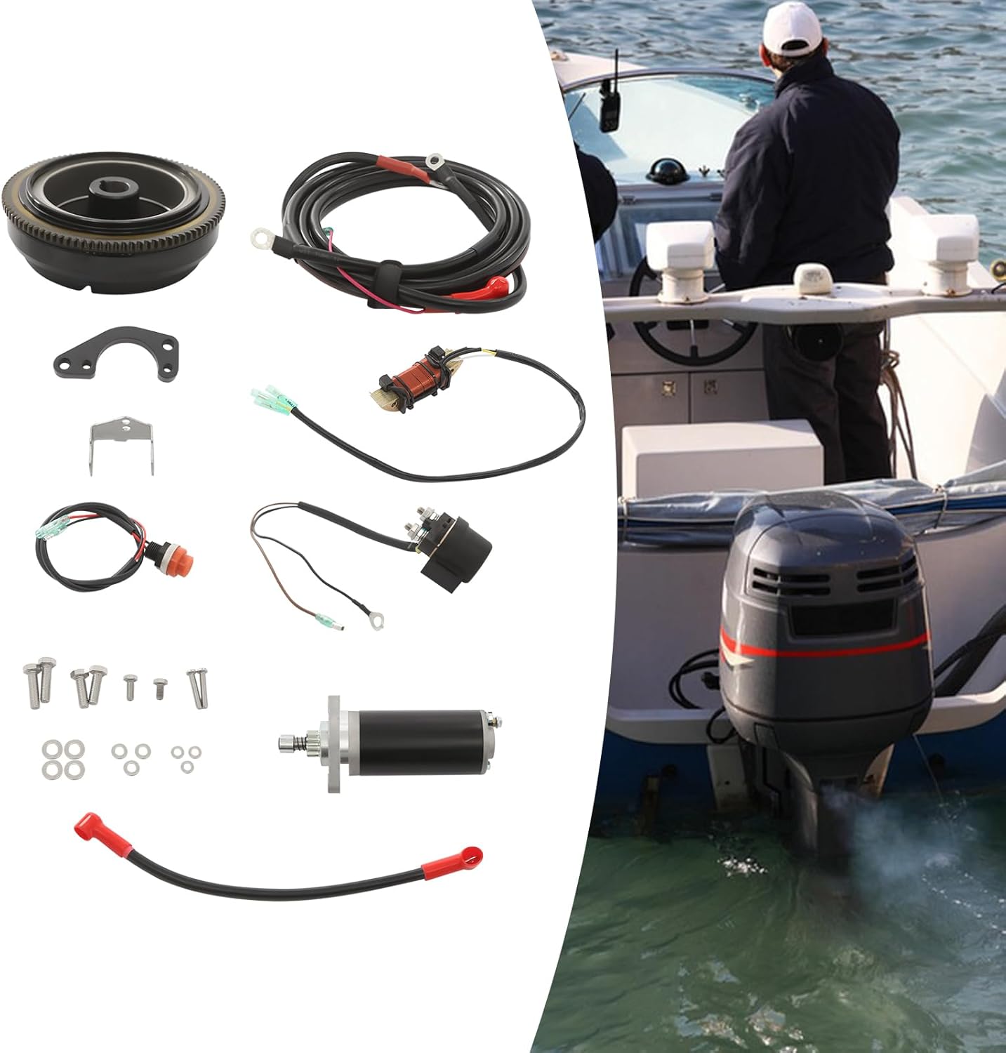 Electric Starter Conversion Kit, Outboard Engine Electric Starter Conversion Kit Outboard Motor Marine Engine Complete Starter Motor Flywheel Kit For Dongfa 2-Stroke 15HP/18HP Outboard Motor