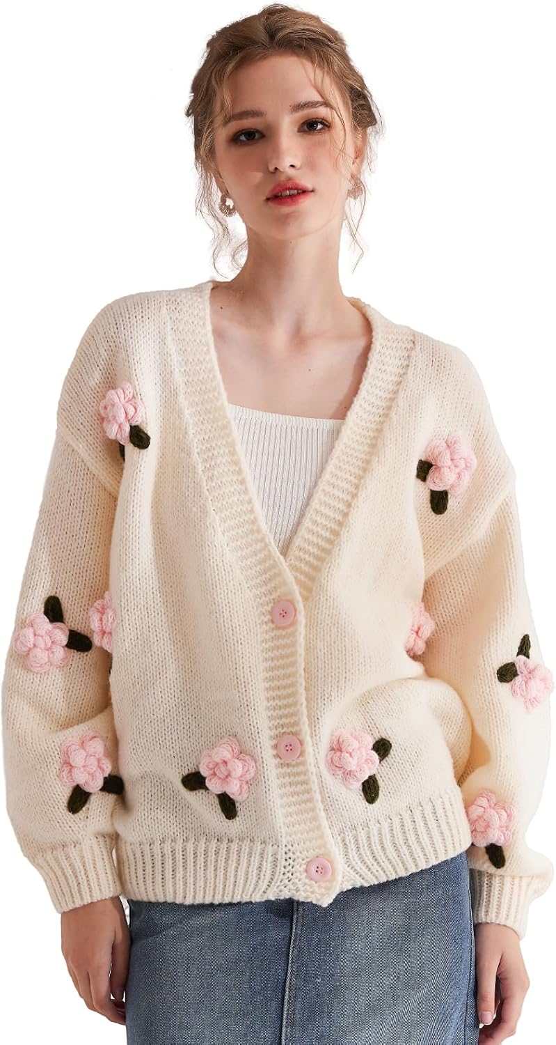 Migratory Bird Guide Cardigan Sweater for Women, Long Sleeve V-Neck Button Knit Flower Outfit