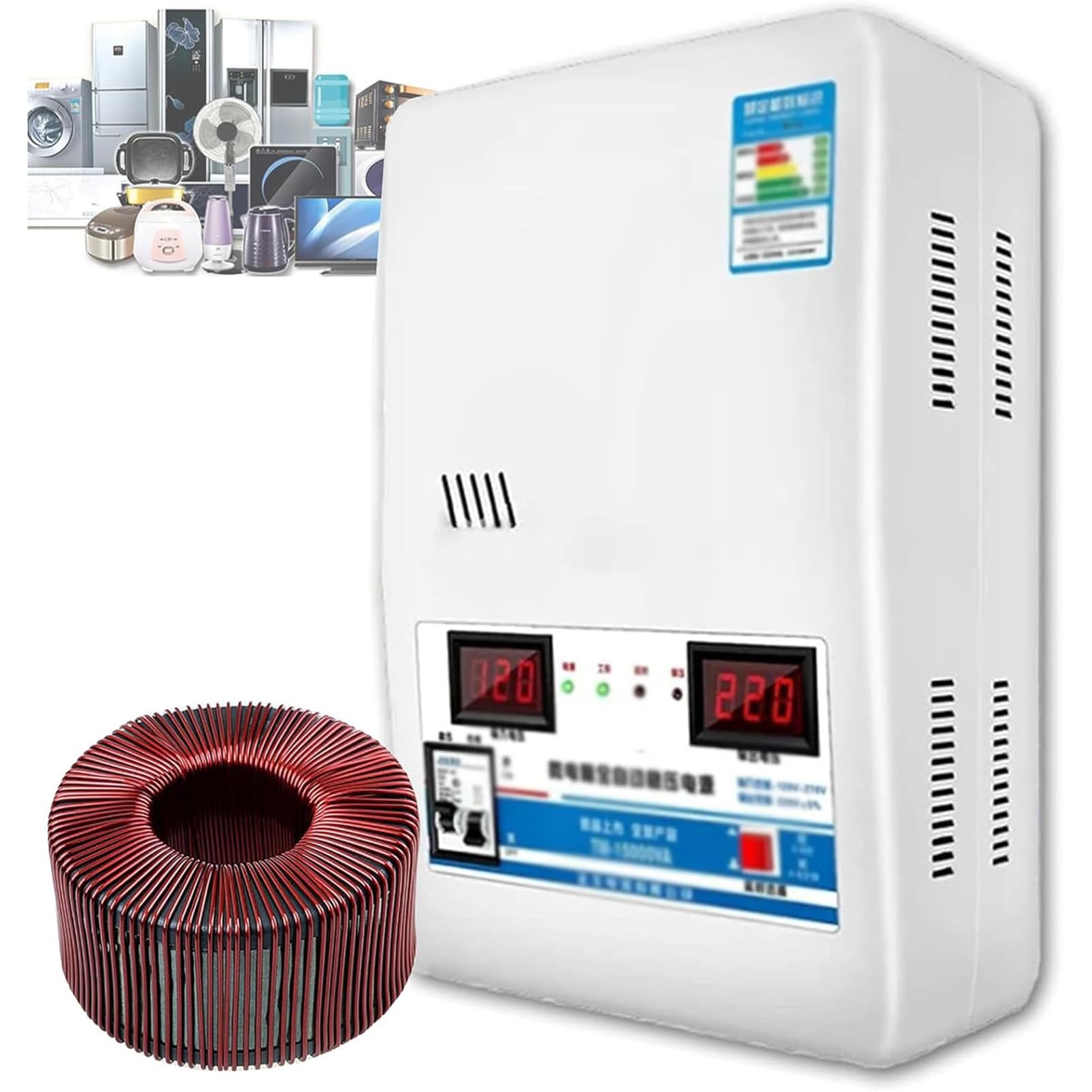 YXZQLOZ Electronic voltage stabilizer 220V fully automatic power voltage stabilizer 15000W dual digital display voltage screen pure copper air conditioning