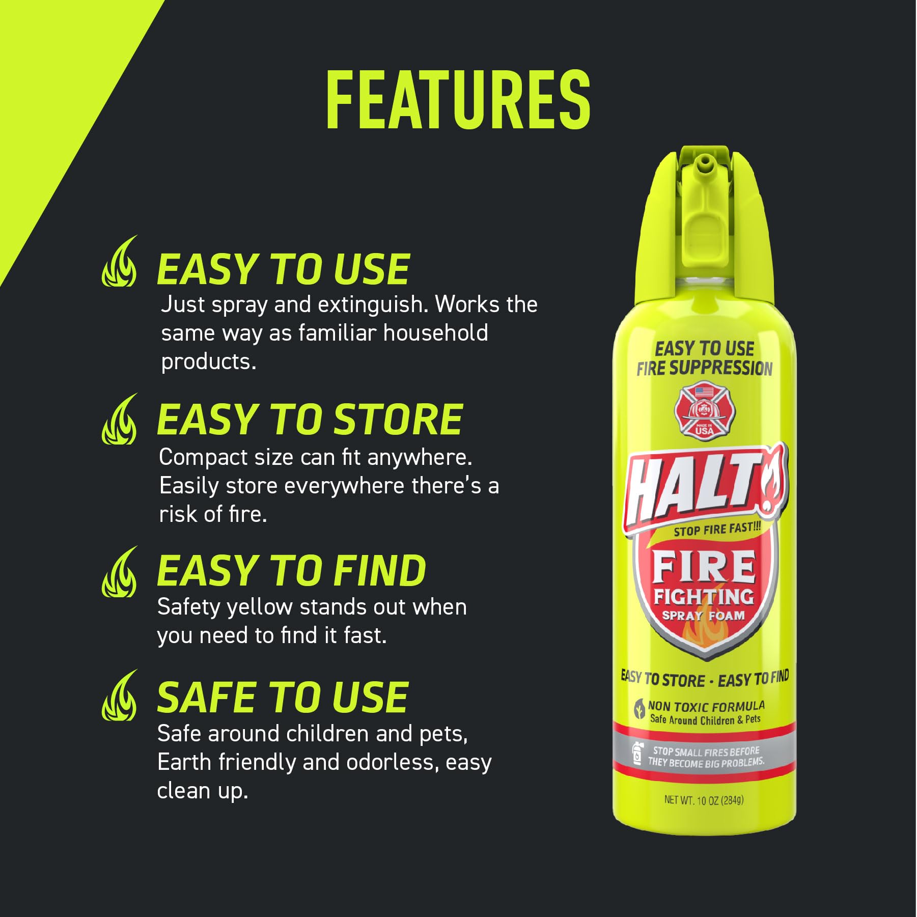 HALT! Espray de espuma contra incendios, no tóxico, sin PFAS, fácil de usar, almacenar y encontrar en emergencias, compacto y portátil, ideal para el hogar, cocina, apartamento, coche, barbacoa