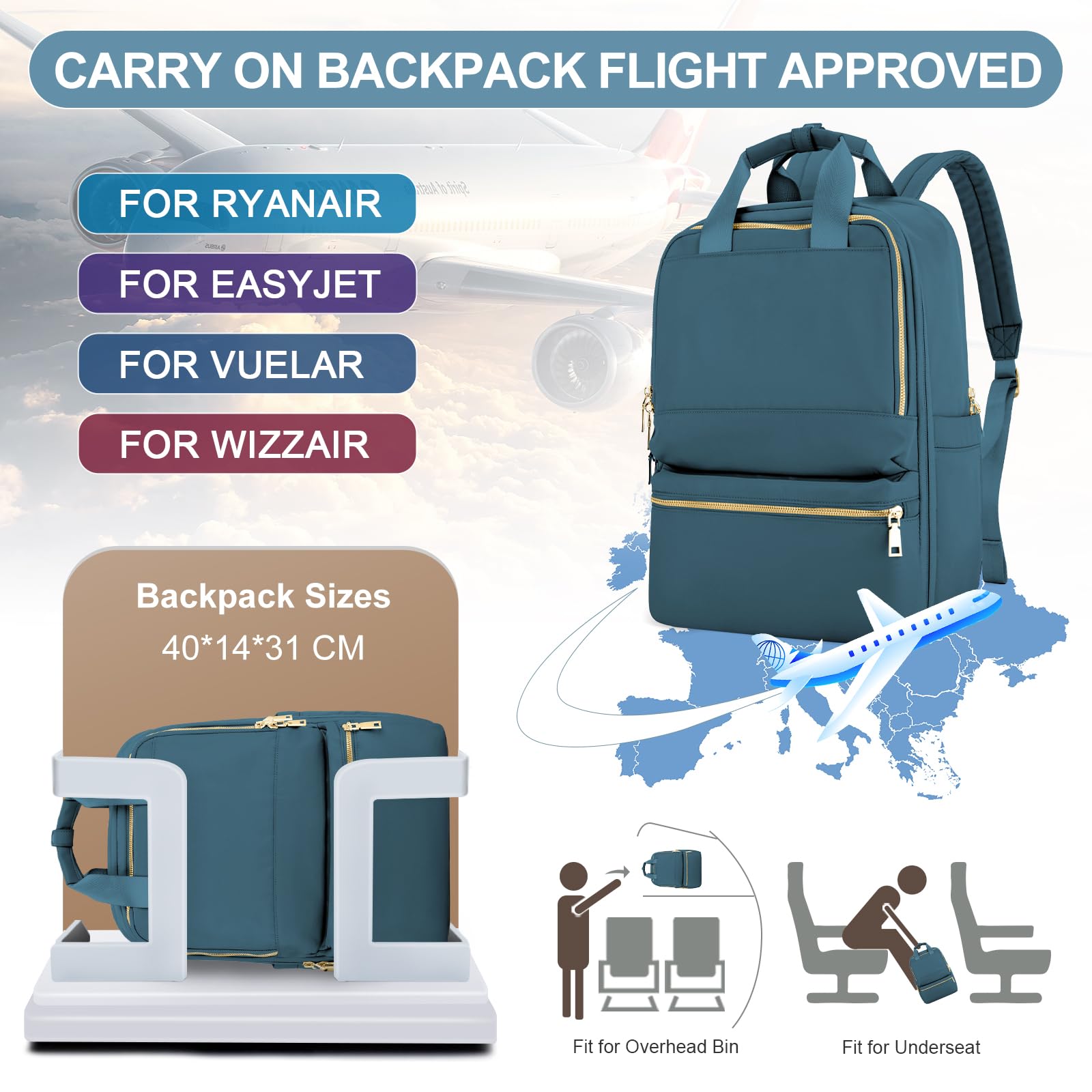 UPPACK Zaino Ryanair 40x20x25 Zaino Da Viaggio aereo Bagaglio a Mano Donna Zaino Borse da Cabina Borsa da Viaggio aereo Zaino per PC Impermeabile Casual Daypack