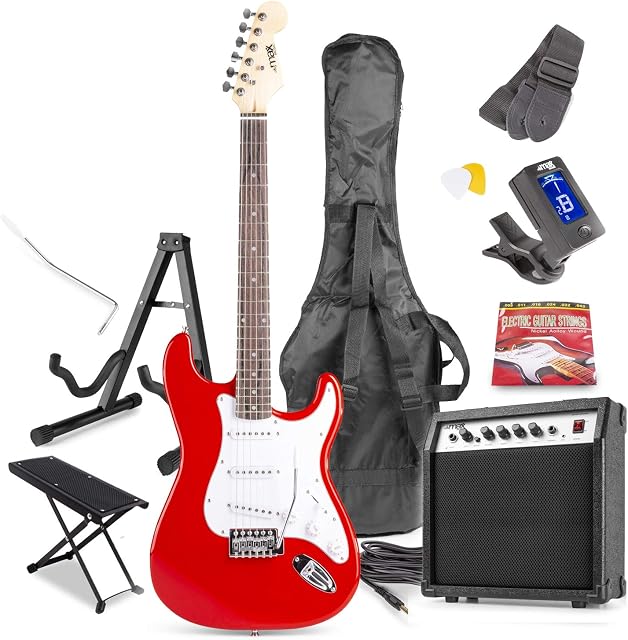 Electric Guitar Starter Kit 40W Combo Amplifier Digital Tuner Stand Gig-Bag Strap Foot Rest Strings Picks Cable Starter Beginners Learn Play Gig Full Size Rehearsal Practice
