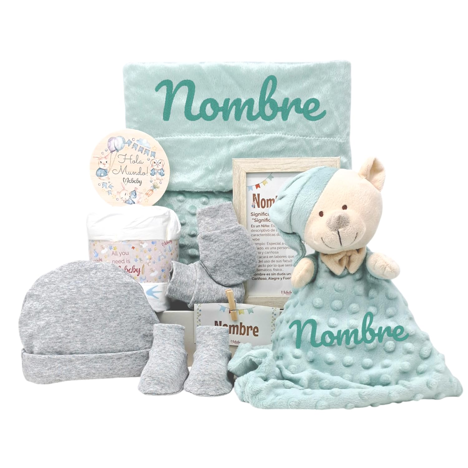 Velvet Canastilla Bebé Personalizada Unisex con Manta Burbujas, Dou Dou de Apego y Primera Puesta, Regalo Baby Shower, Verde