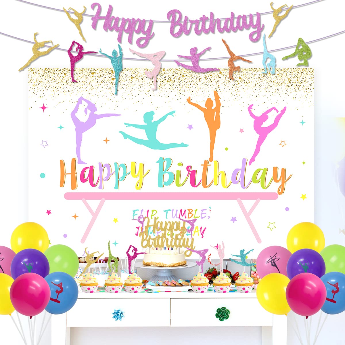 Happy Birthday dekoracje urodzinowe: baner Happy Birthday, balony i girlanda do ciast i babeczek o tematyce gimnastyki