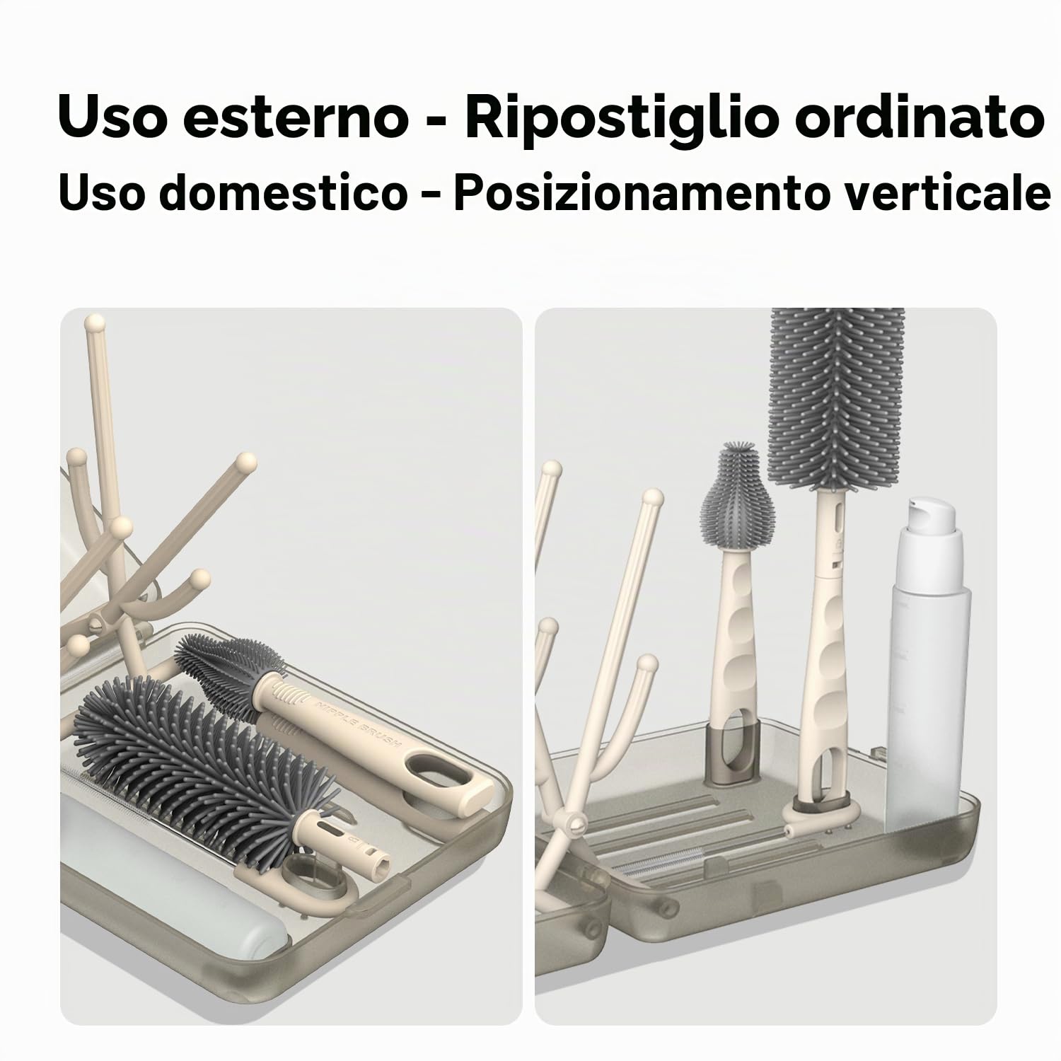YOTIME Set Spazzole Biberon Viaggio con Scola Biberon Pieghevole, Apertura Automatica & Fessure di Asciugatura Verticale, 3 Spazzole + Dispenser, Essentials per Genitori in Viaggio, Caffè Chiaro