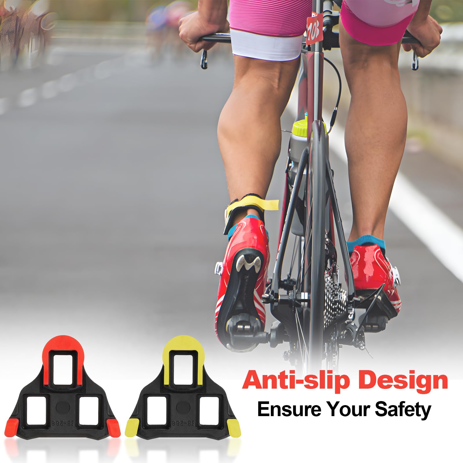 KATIMI 4 Pezzi Tacchette Bici da Corsa, Attacchi Scarpe Bici da Corsa Compatibili Shimano SPD SL Tacchette Cicismo (Gialle/Blu/Rosso)