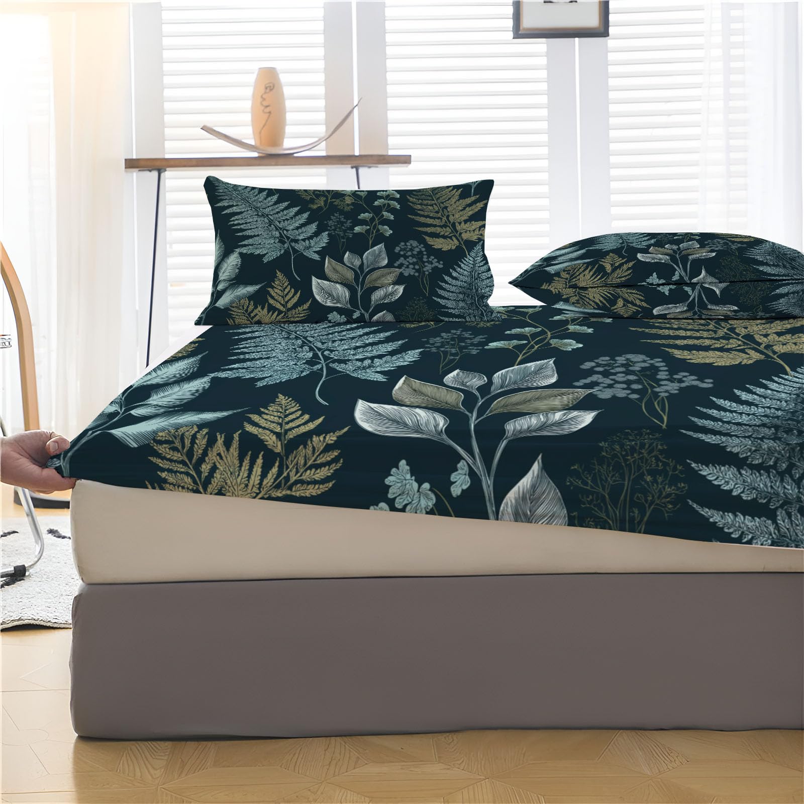 Sábanas 200X190/200Cm - Juego De Sábanas 3 Piezas Estampadas Helecho Dibujado A Mano - Microfibra Suave Transpirable - Sábana Bajera Ajustable - Ropa De Cama Plantas Vintage (Turquesa)