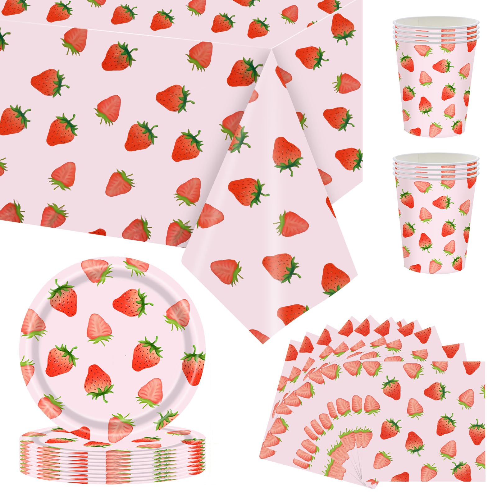 RONRONS Strawberry Plates And Napkins Cups Tablecloths Strawberry Themed Party Supplies Tableware Birthday Summer Decorations 41 Pieces