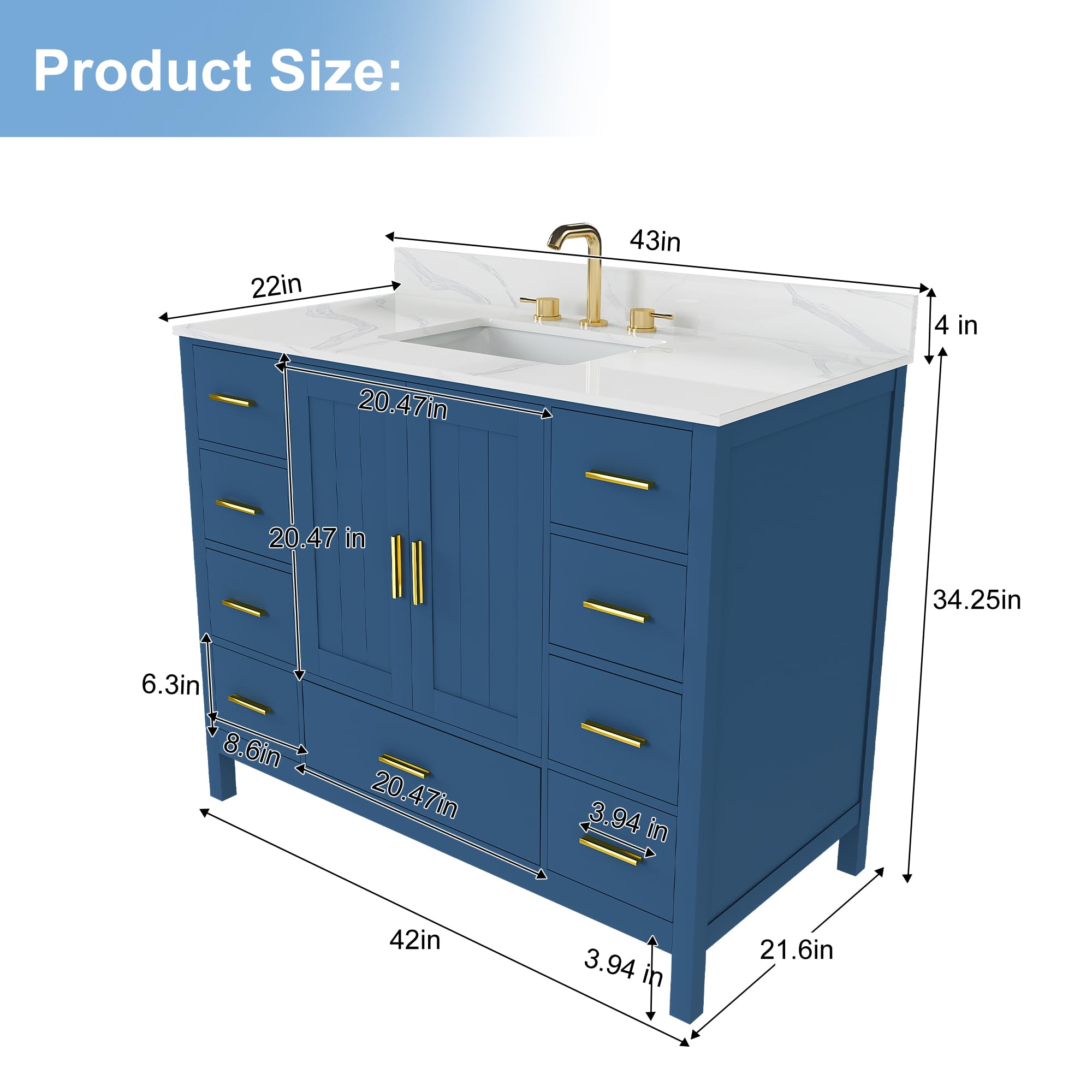 Mobile da bagno blu da 106,7 cm con piano in pietra sinterizzata e lavello sottopiano da 20,3 cm con fori per rubinetto diffusi, cassetti a chiusura rallentata ed elegante paraschizzi, decorazione