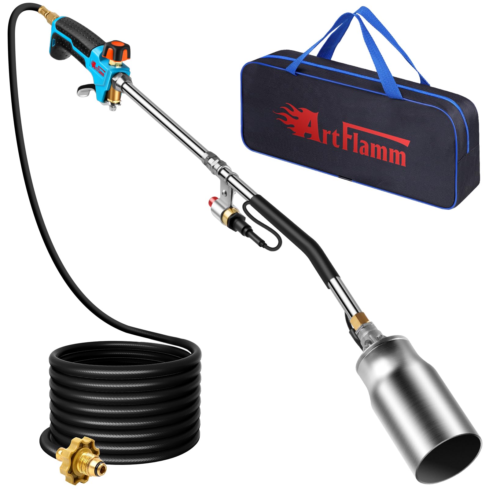 ARTFLAMM Portable Propane Torch Weed Burner Kit with Storage Bag, High Output BTUs &amp; 10 FT Hose, Self Igniter Weed Flame Torch for Campfires,Roofing,Melting Snow and Ice,Road Marking