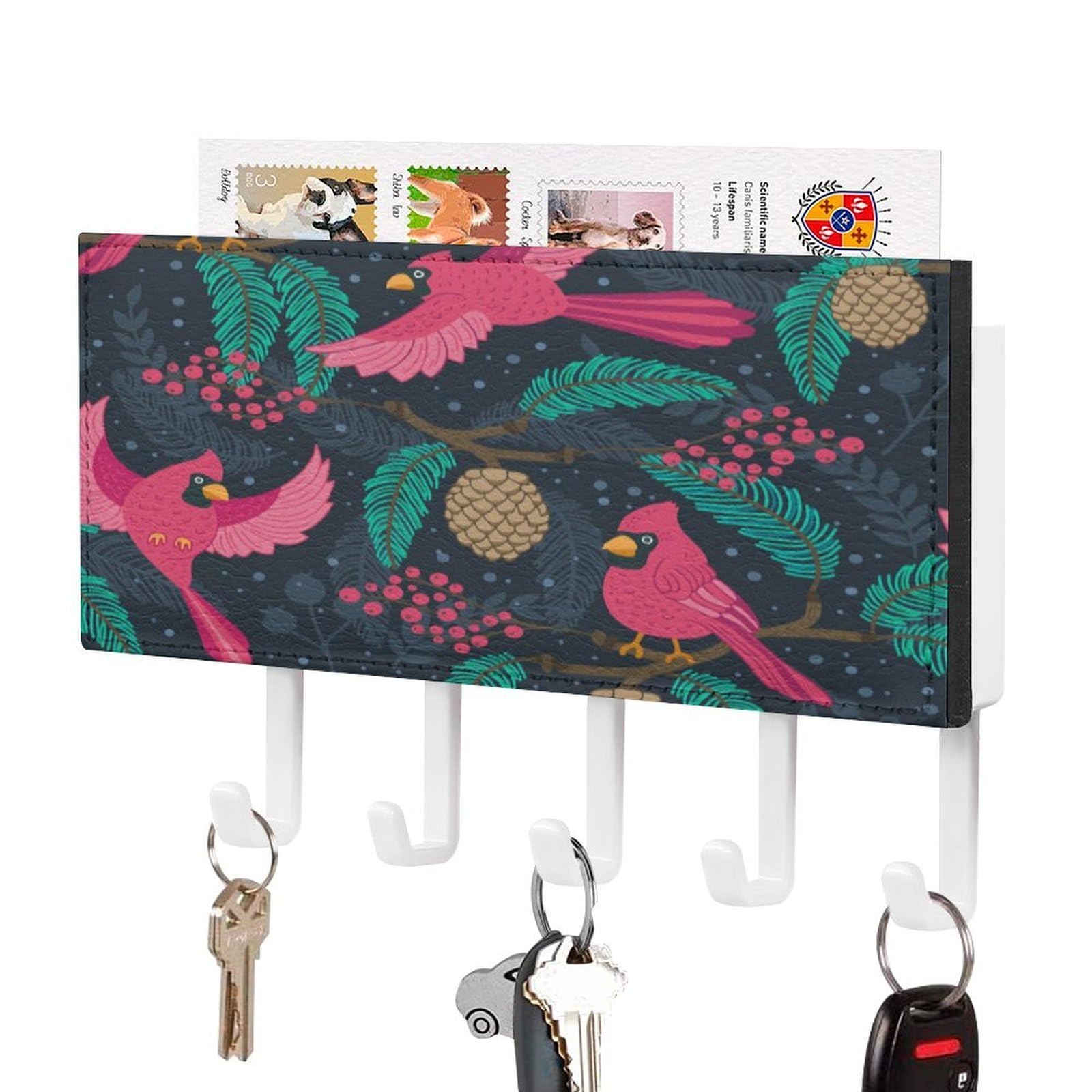 NCLQVJXZKHW Winter Pinecones and Birds Key Holder with 5 Hooks Key Hooks Wall Mounted Key Racks Key Hanger Organiser Shelf