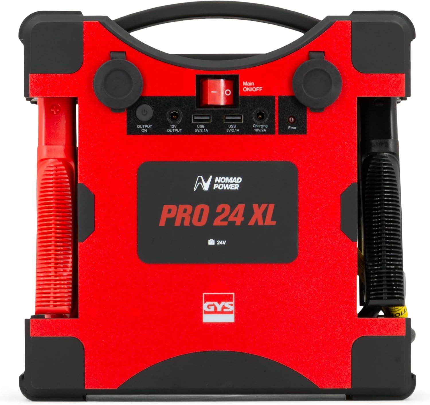 Į viršų view of the GYS Nomad Power Pro 24 XL showing the main ON/OFF switch, USB ports, and 12V output.