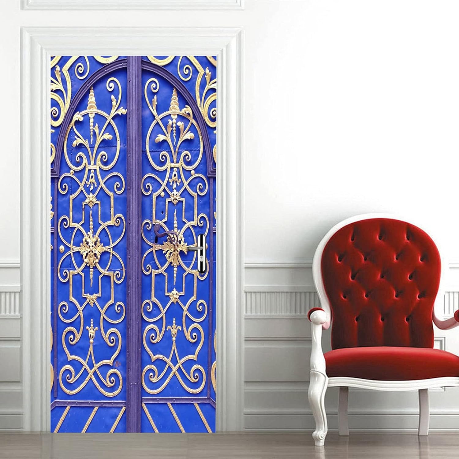 A.Monamour 3D Door Stickers for Interior Doors Wrought Iron Blue Door with Golden Decoration Vinyl Waterproof Self Adhesive Door Mural Decals for Bedroom Office Bathroom 77 x 200 cm