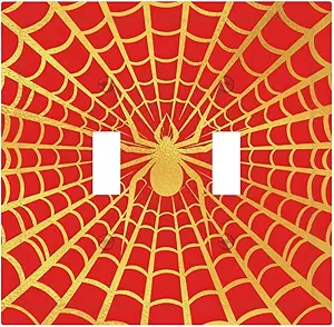 Decorative Switch Plate Covers Red Background with Golden Spiderweb Spider 2 Gang Light Switch Cover Plate Unique Double Toggle Wall Plate Light Switch Covers for Home Decor