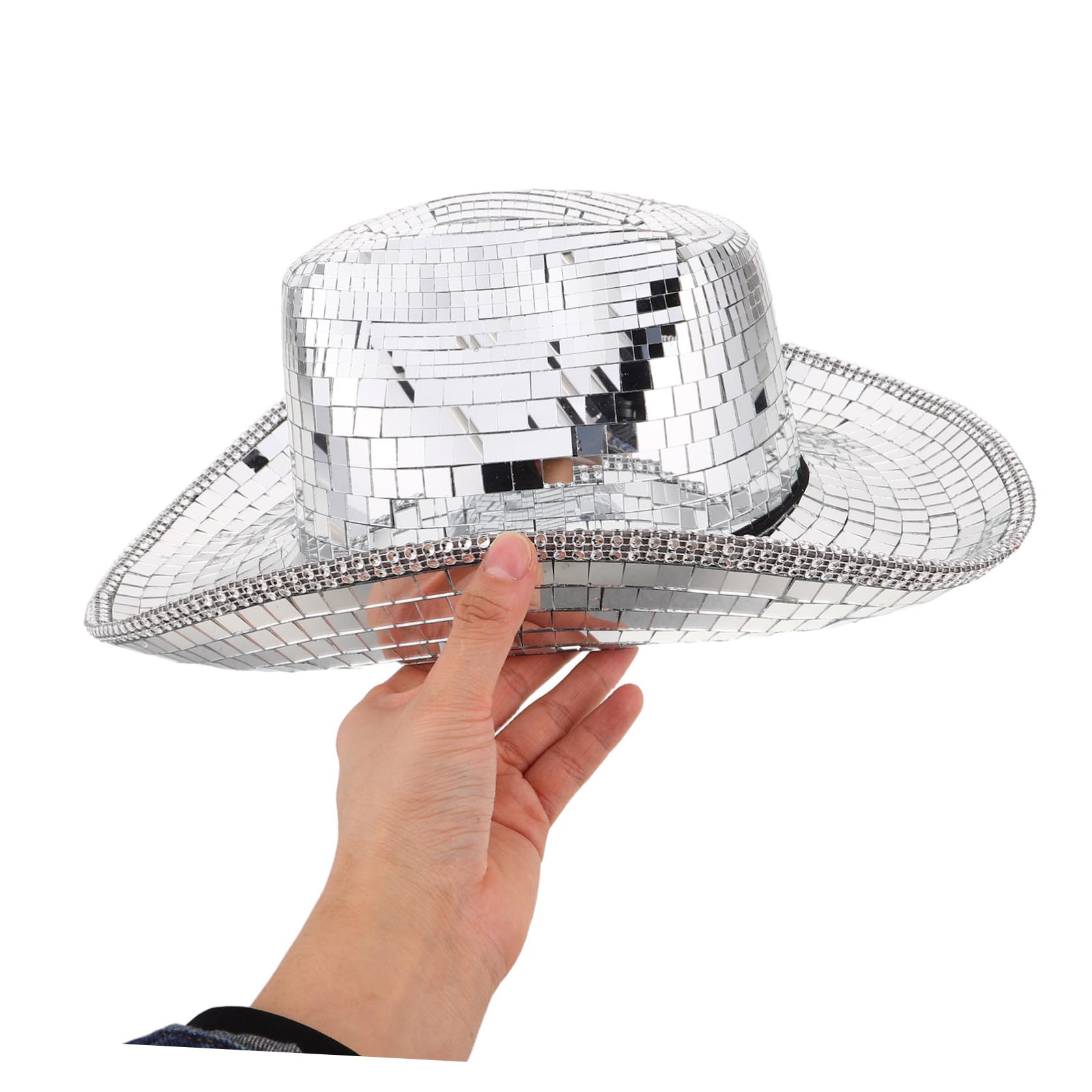 Sombrero de Vaquera Plateado Brillante Diseño Espejo | Talla 38x29x13cm, Acabado Reluciente, Estilo Western para Escenario y Festivales