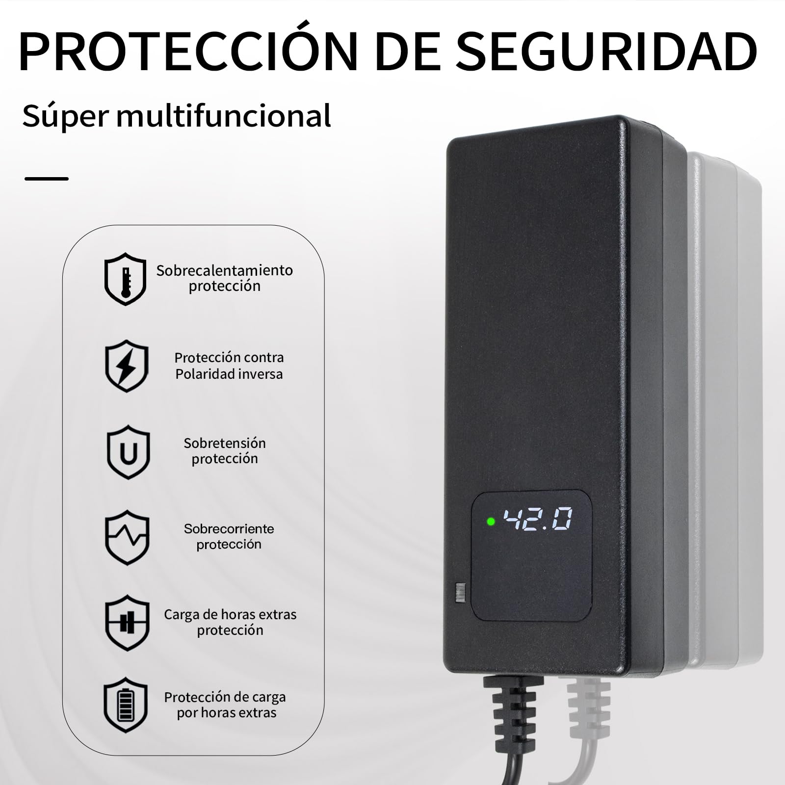 Cargador rápido 42V Li-Ion 36V, Bicicleta eléctrica y Patinete eléctrico | Pantalla LED, múltiples protecciones, certificación CE y conectores RCA de 8 mm y DC de 5,5 x 2,1/2,5 mm.