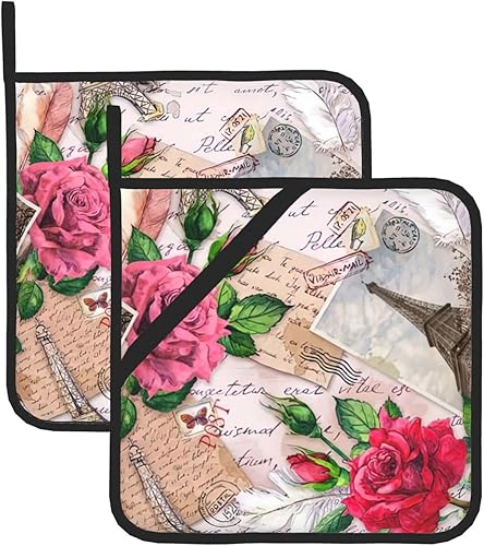 Juego de 2 soportes para ollas con diseño de torre Eiffel vintage, diseño de rosas y flores, resistentes al calor, guantes de horno de cocina con