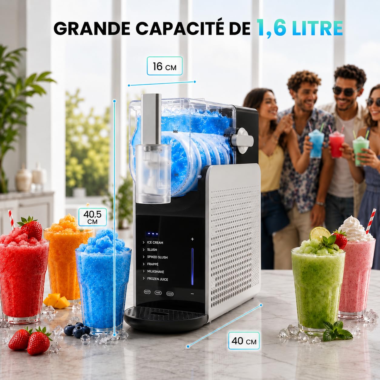 Machine à Slush 1,6L - Slush Puppy Machine 6 Programmes, Granita, Boissons Glacées, Timer, BPA Free, 200W, Noir