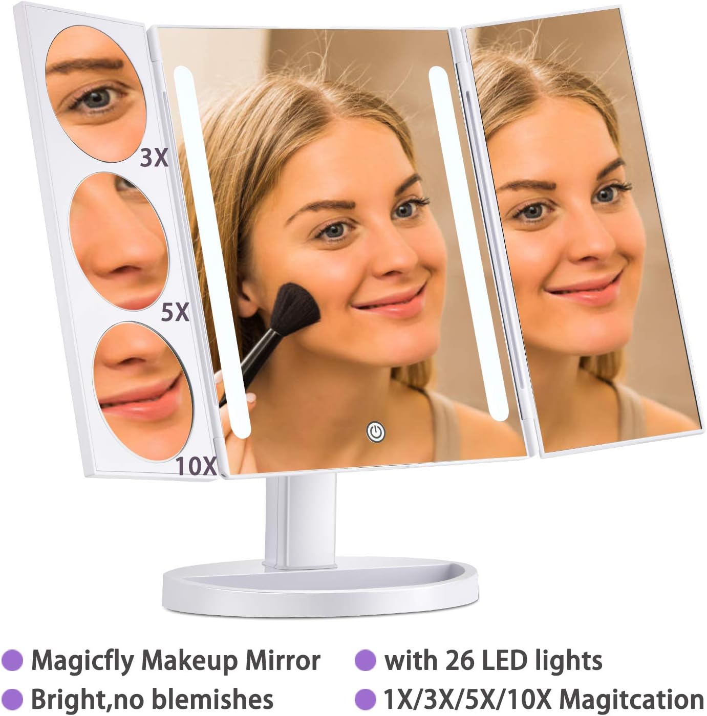 Magicfly XLarge Led Vanity Mirror with Lights, 19.2 inch 28 LED Makeup Mirror, 10X 5 X 3X Magnifying Mirror with Light, Touch Screen Hollywood Style Trifold Mirror with Lights for Desktop, White