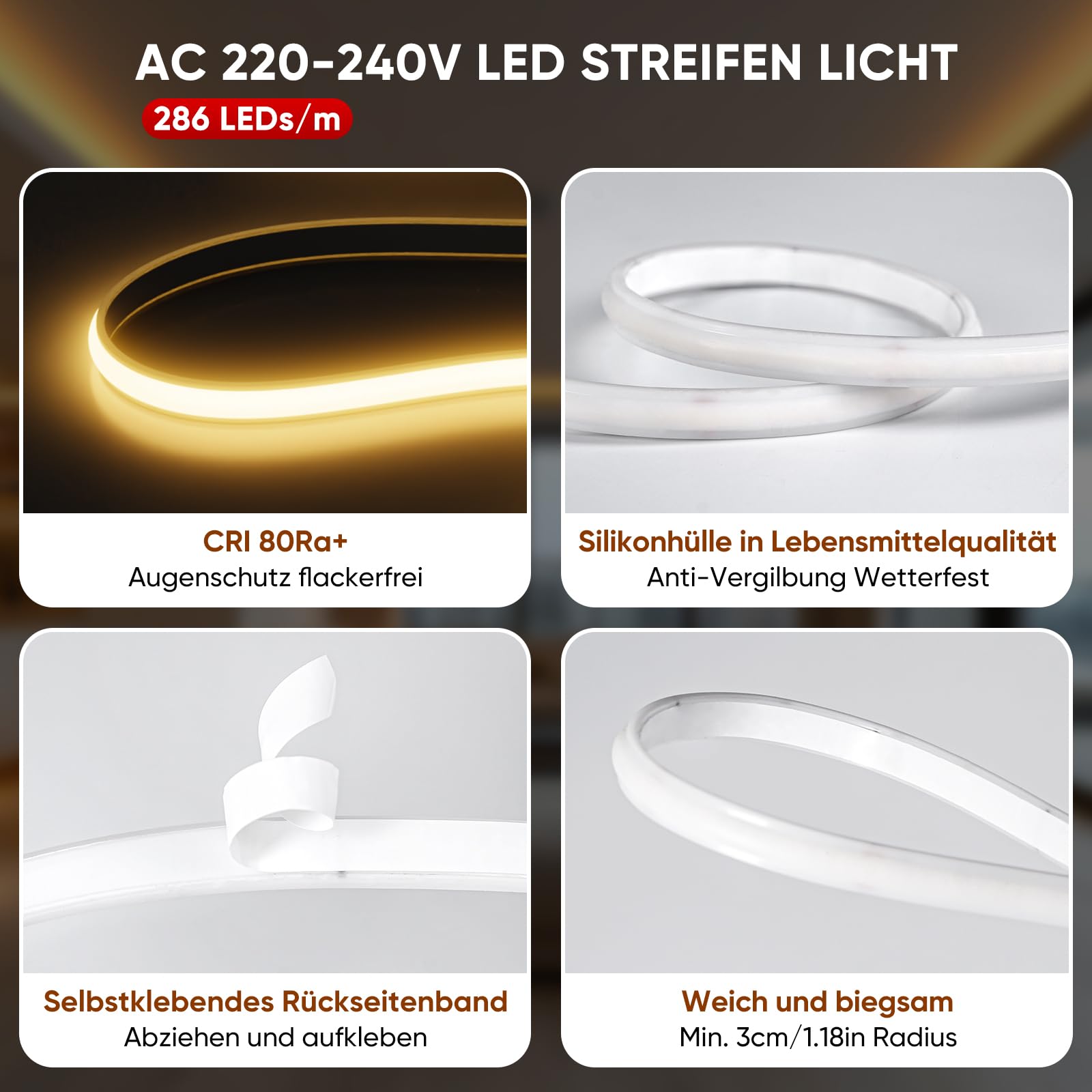 Shine Decor COB LED Streifen 20m, AC 220V 230V IP65 Wasserdicht LED Band, SMD2025 286 leds/m Ultrahohe Helligkeit Lichtleiste für Küche Garten LED Beleuchtung (20M, Warmweiß, CE Zertifiziert)