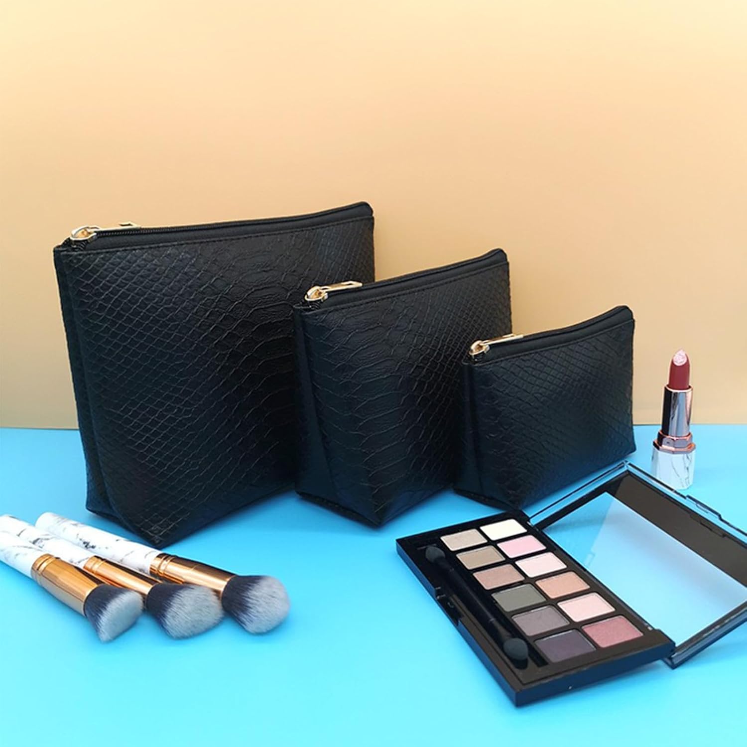 3 Pcs Makeup Bag Set for Women Black Soft Leather Travel Cosmetic Bag Make Up Pouch Small Travel Zipper Pouch,Water-resistant Makeup Organizer Bag for Women(Black) - Image 4