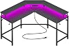 Huuger L Shaped Gaming Desk with Power Outlets & LED Lights, Computer Desk with Monitor Shelves, Home Office Desk, Corner Gaming Desk with Hooks, Black