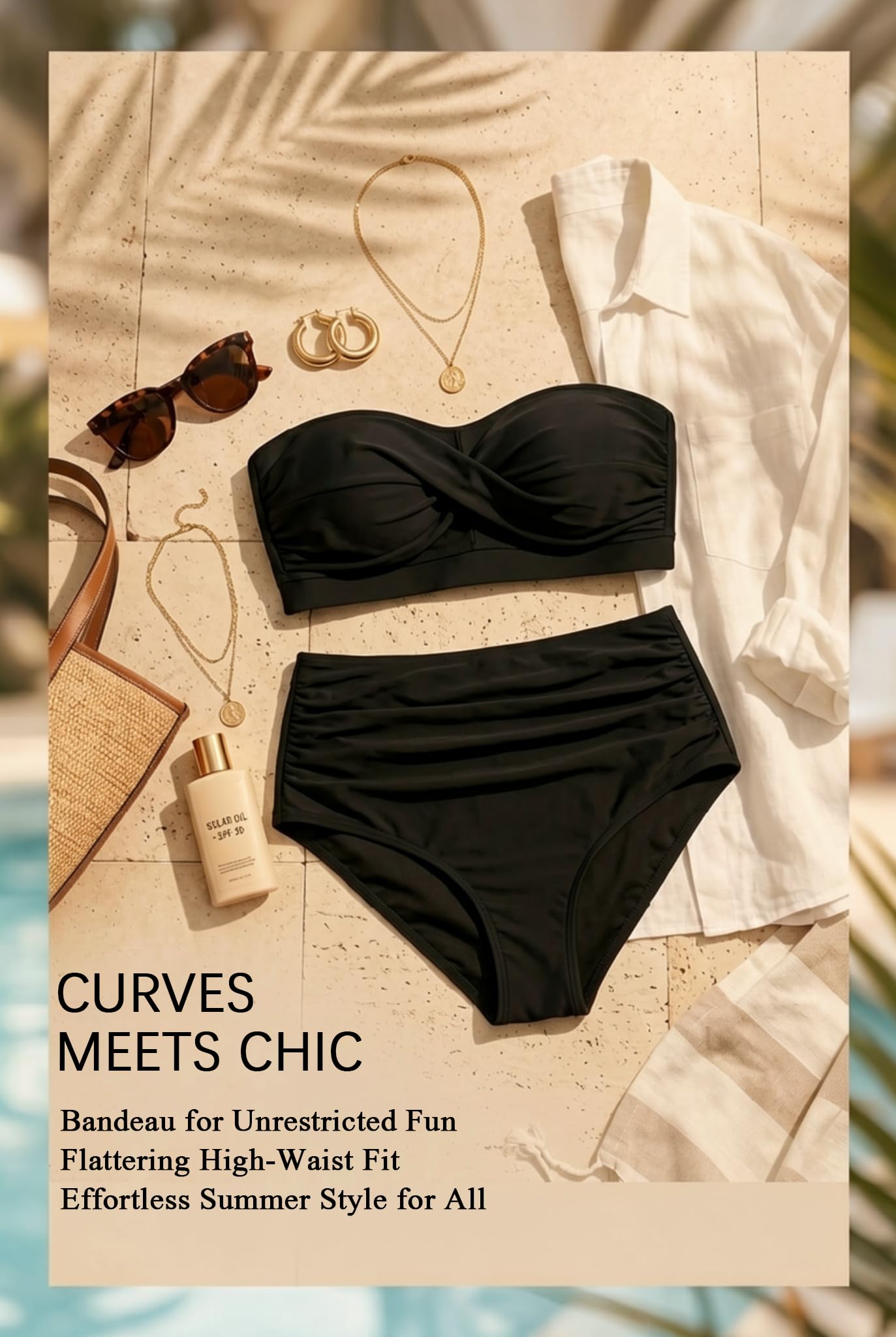 Yonique Zweiteiliger Damen-Badeanzug, Übergröße, hohe Taille, Bandeau-Bikini, Bauchweg-Badeanzug