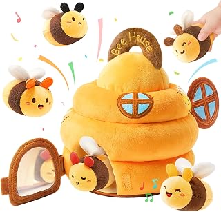 Baby Sensory Toy for 6-12 Months, Plush Beehive with 5 Interactive Bee Toys | Stuffed Animal Toys with Rattle, Crinkle, Music, Squeaker, Mirror, Early Development Toy, Infant Tummy Time Toy, Newborn Gift