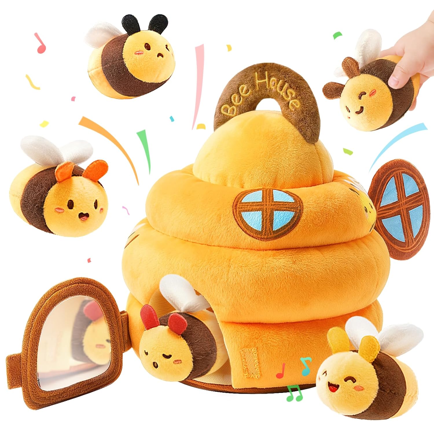 Baby Toys 6-12 Months, Soft Beehive Montessori Toys for 1-3 Year Old with 5 Bees Stuffed Animal, Sensory Toys for Toddlers with Rattle Crinkle Squeaker Mirror & Music, Baby Boys Girls Gifts