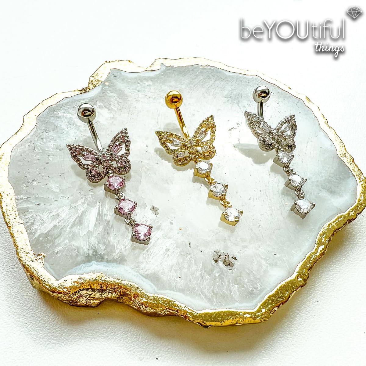 Bauch-nabelpiercing Schmetterling Anhänger Silber Gold Clear Pink Nabel-Piercing Chirurgenstahl Bananabell Stab-länge 10-mm