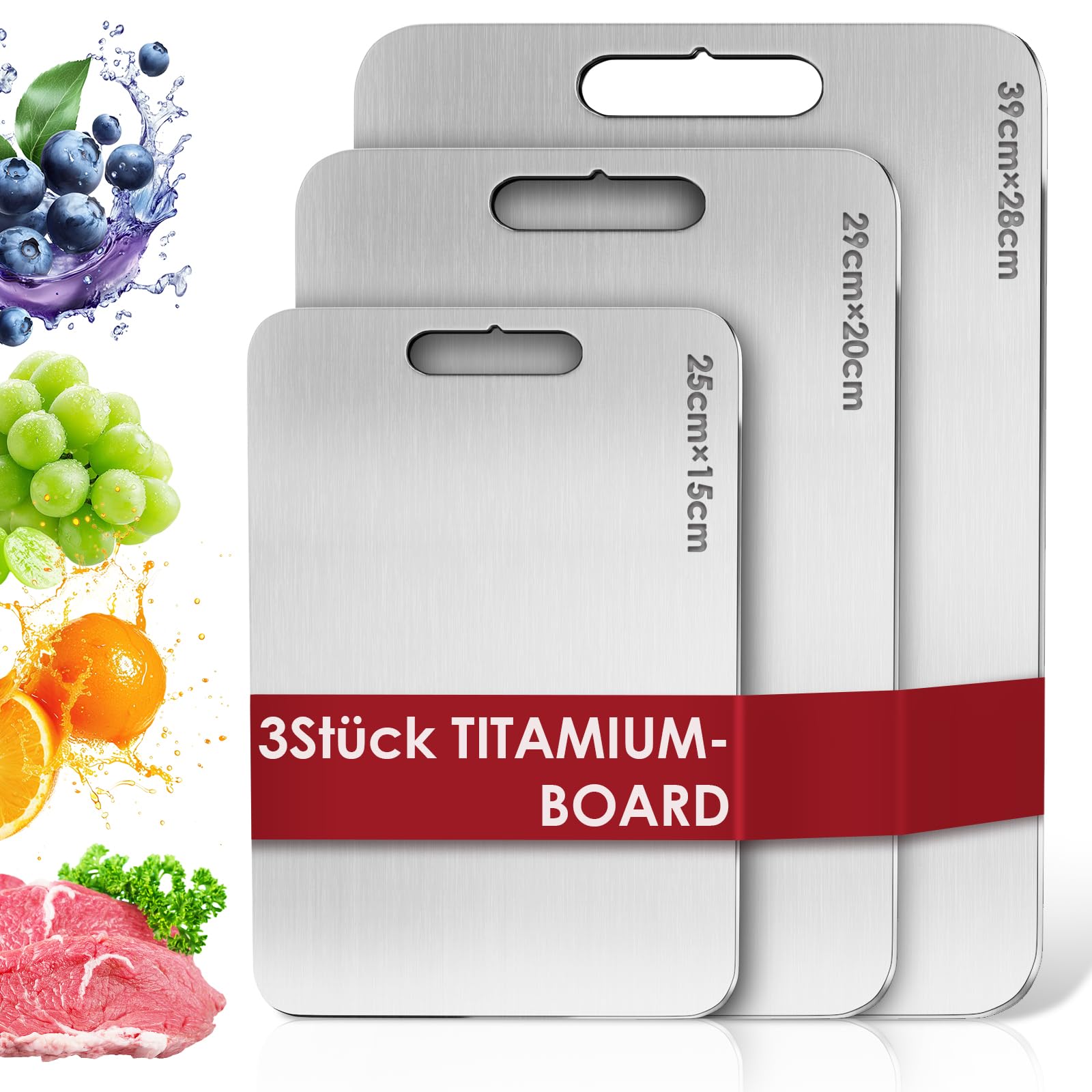 3 Stücke Titan Schneidebrett, S316 Schneidebrett Edelstahl, BPA-freies Doppelseitiges Lebensmittel Titanium Cutting Board, ideal für Fleisch, Brot, Gemüse & Obst