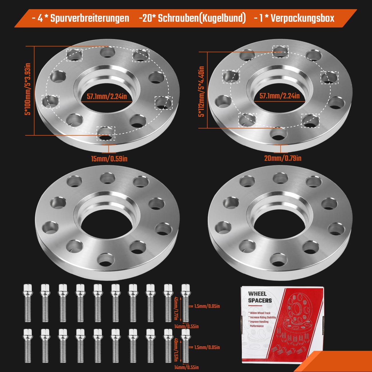 Spurverbreiterung 5x112 VA 30mm HA 40mm Nabendurchmesser 66,6 mm inkl. Radschrauben M14x1,5 – Spurplatten Set Kompatibel mit Audi A1 A3 A4 A5 A6 A7 Kompatibel mit VW Passat Touran Tiguan Arteon