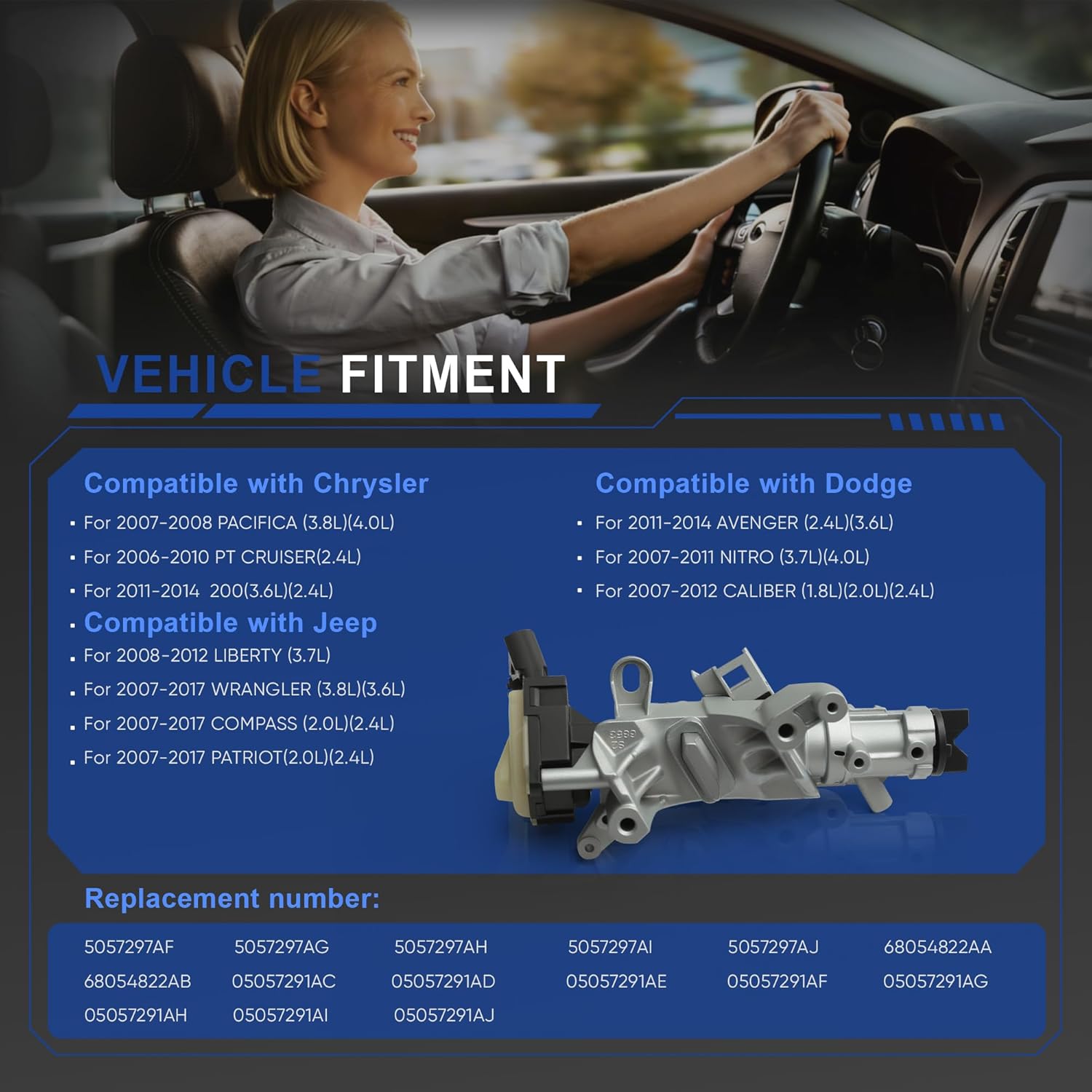 68054822AB Ignition Lock Cylinder Housing Compatible with Chrysler PT Cruiser Jeep Compass Wrangler Patriot Dodge Caliber Nitro 68054822AA