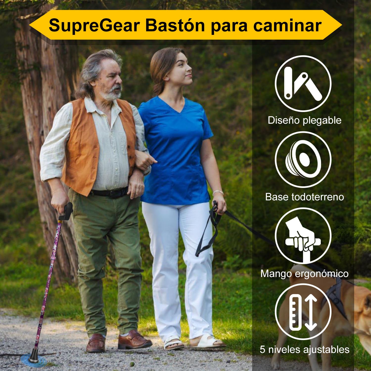 supregear Bastón para Caminar – Bastón Ajustable y Colapsable Compacto Plegable, Unisex, Punta Resistente Todo Terreno y Mango en T Ergonómico Suave para Personas Mayores y Adultos