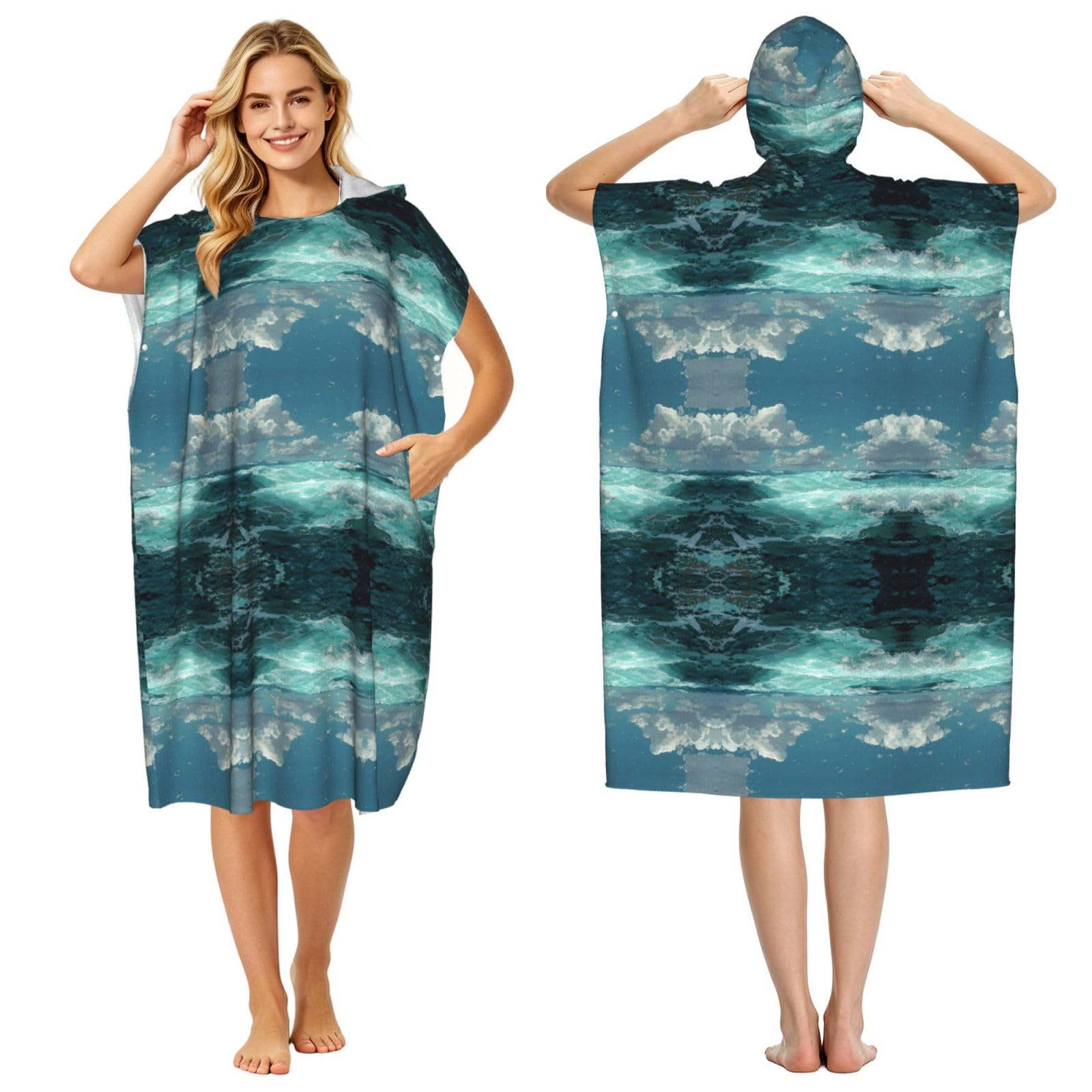 EZDLOWVBA Ocean Print Hooded Poncho Microfiber Beach Towel,Adult Women & Men Changing Robe,Lightweight Summer Surf Swim Bath Poncho Towel