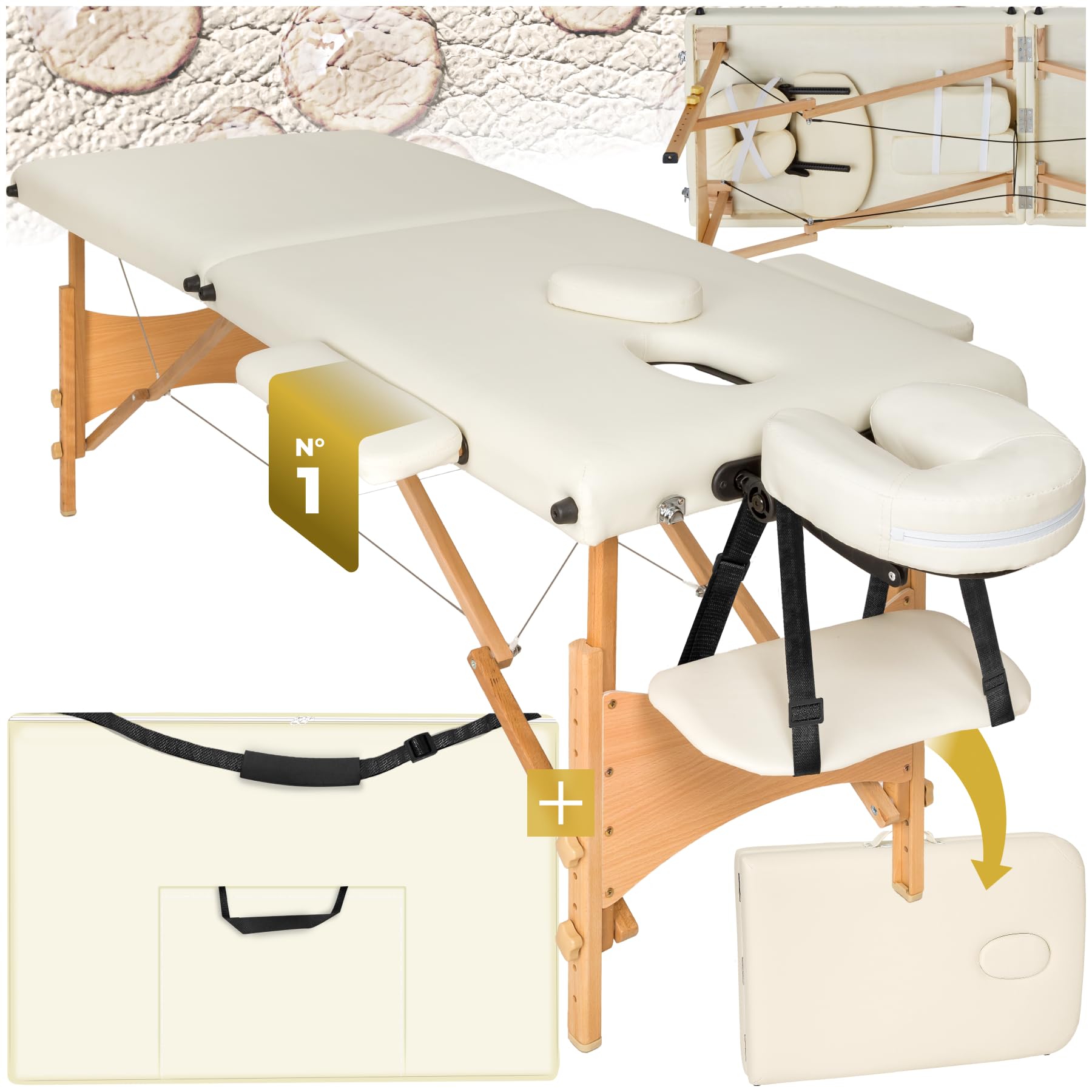 tectake® Lettino Massaggi Portatile 2 Zone, Pieghevole, Poggiatesta Rimovibile, Rivestimento Idrorepellente, Bracciolo Comodo, Pulizia Igienica Facile, Estetista, Max 210x95x84cm, Peso 14kg - Beige