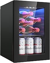 6 Bottles and 6 Cans Compact Beverage Refrigerator, Freestanding Mini Fridge with Temperature Control for Beer Wine, Under Counter Small Refrigerator Adjustable Shelve & Glass Door for Home and Bar